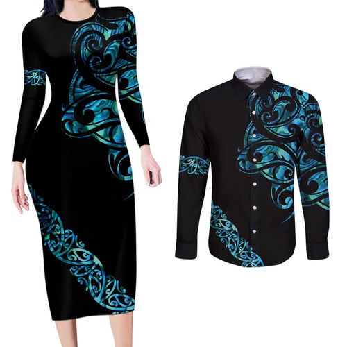 All Black Maori Tribal Tattoo Personalised Couples Matching Long Sleeve Bodycon Dress and Long Sleeve Button Shirt Polynesian Style