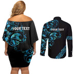 All Black Maori Tribal Tattoo Personalised Couples Matching Off Shoulder Short Dress and Long Sleeve Button Shirt Polynesian Style