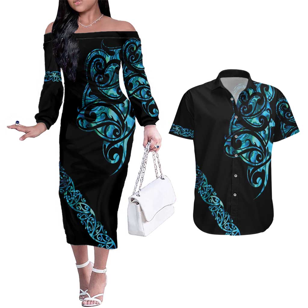 All Black Maori Tribal Tattoo Personalised Couples Matching Off The Shoulder Long Sleeve Dress and Hawaiian Shirt Polynesian Style