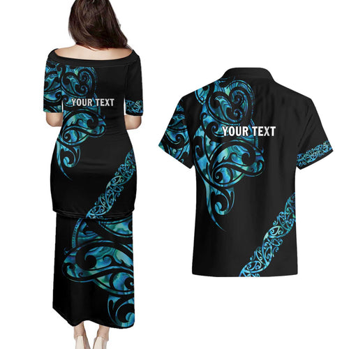 All Black Maori Tribal Tattoo Personalised Couples Matching Puletasi and Hawaiian Shirt Polynesian Style