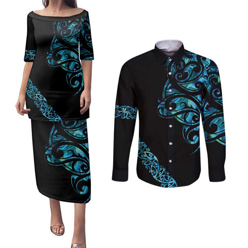 All Black Maori Tribal Tattoo Personalised Couples Matching Puletasi and Long Sleeve Button Shirt Polynesian Style