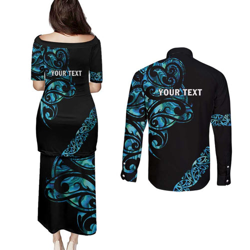 All Black Maori Tribal Tattoo Personalised Couples Matching Puletasi and Long Sleeve Button Shirt Polynesian Style