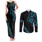 All Black Maori Tribal Tattoo Personalised Couples Matching Tank Maxi Dress and Long Sleeve Button Shirt Polynesian Style