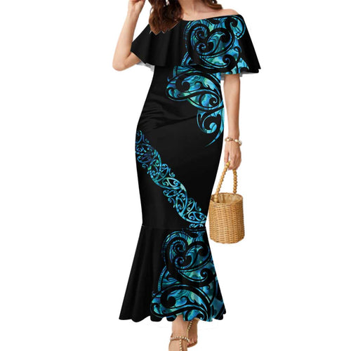 All Black Maori Tribal Tattoo Personalised Family Matching Mermaid Dress and Hawaiian Shirt Polynesian Style