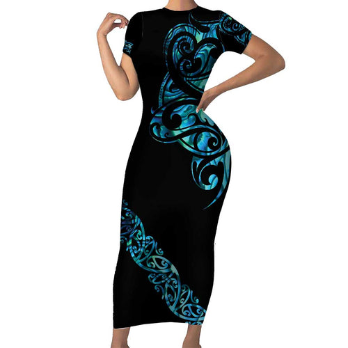 All Black Maori Tribal Tattoo Personalised Family Matching Short Sleeve Bodycon Dress and Hawaiian Shirt Polynesian Style