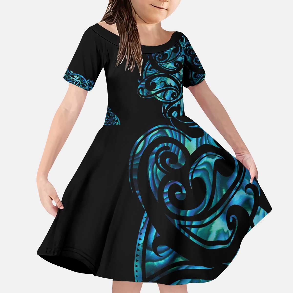 All Black Maori Tribal Tattoo Personalised Kid Short Sleeve Dress Polynesian Style