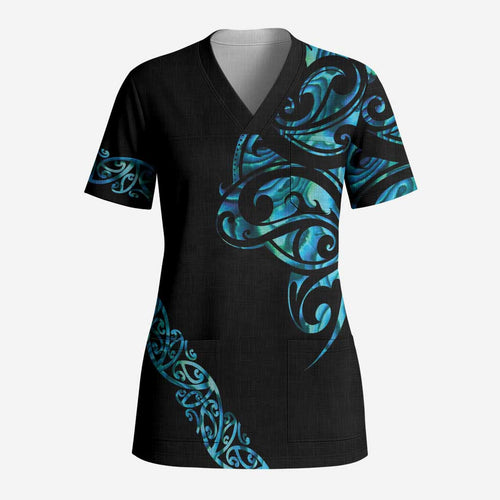 All Black Maori Tribal Tattoo Personalised Scrub Top Polynesian Style - Aussie Hoodie
