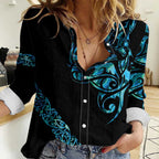 All Black Maori Tribal Tattoo Personalised Women Casual Shirt Polynesian Style