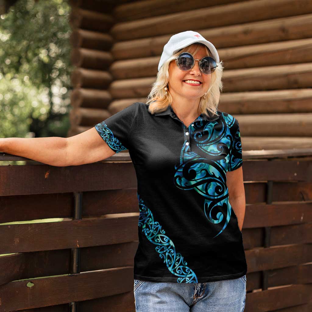 All Black Maori Tribal Tattoo Personalised Women Polo Shirt Polynesian Style