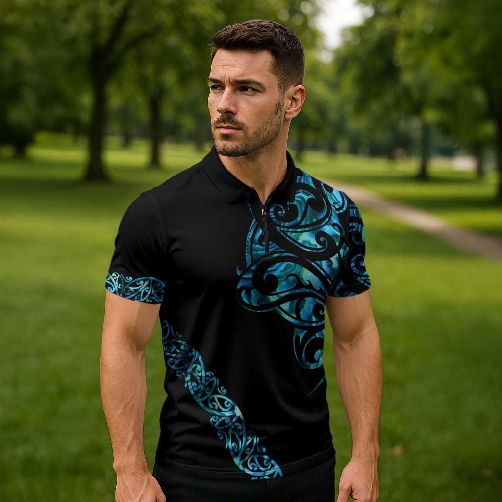 All Black Maori Tribal Tattoo Personalised Zipper Polo Shirt Polynesian Style - Aussie Hoodie