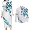 All White Maori Tribal Tattoo Personalised Couples Matching Long Sleeve Bodycon Dress and Long Sleeve Button Shirt Polynesian Style