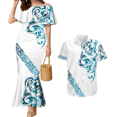 All White Maori Tribal Tattoo Personalised Couples Matching Mermaid Dress and Hawaiian Shirt Polynesian Style
