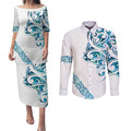 All White Maori Tribal Tattoo Personalised Couples Matching Puletasi and Long Sleeve Button Shirt Polynesian Style
