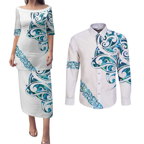 All White Maori Tribal Tattoo Personalised Couples Matching Puletasi and Long Sleeve Button Shirt Polynesian Style