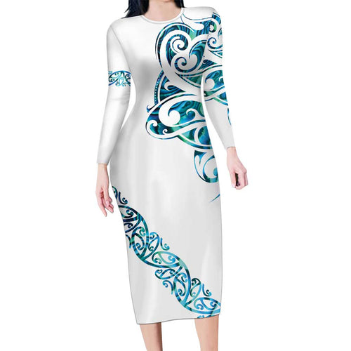 All White Maori Tribal Tattoo Personalised Family Matching Long Sleeve Bodycon Dress and Hawaiian Shirt Polynesian Style