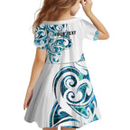 All White Maori Tribal Tattoo Personalised Family Matching Off Shoulder Short Dress and Hawaiian Shirt Polynesian Style