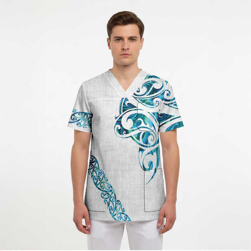 All White Maori Tribal Tattoo Personalised Scrub Top Polynesian Style - Aussie Hoodie