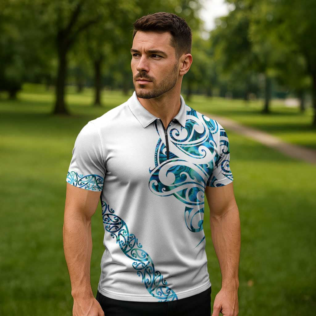All White Maori Tribal Tattoo Personalised Zipper Polo Shirt Polynesian Style - Aussie Hoodie