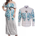 Queensland Maori Kiwi Personalised Couples Matching Off Shoulder Maxi Dress and Long Sleeve Button Shirt Ma Kakariki Papua Shell Maori Tribal Tattoo