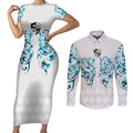 Queensland Maori Kiwi Personalised Couples Matching Short Sleeve Bodycon Dress and Long Sleeve Button Shirt Ma Kakariki Papua Shell Maori Tribal Tattoo