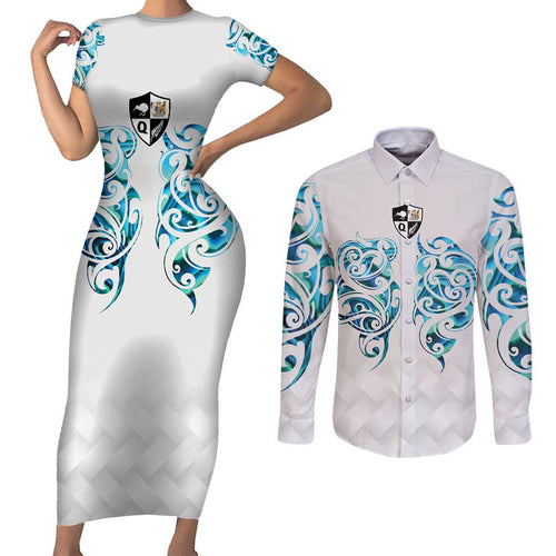 Queensland Maori Kiwi Personalised Couples Matching Short Sleeve Bodycon Dress and Long Sleeve Button Shirt Ma Kakariki Papua Shell Maori Tribal Tattoo