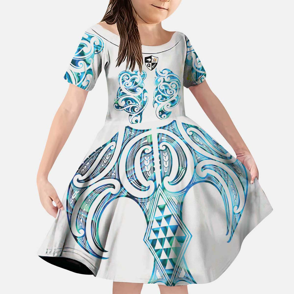 Queensland Maori Kiwi Personalised Kid Short Sleeve Dress Ma Kakariki Papua Shell Maori Tribal Tattoo