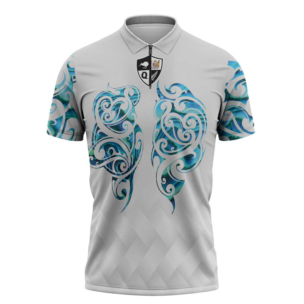 Queensland Maori Kiwi Personalised Zipper Polo Shirt Ma Kakariki Papua Shell Maori Tribal Tattoo - Aussie Hoodie