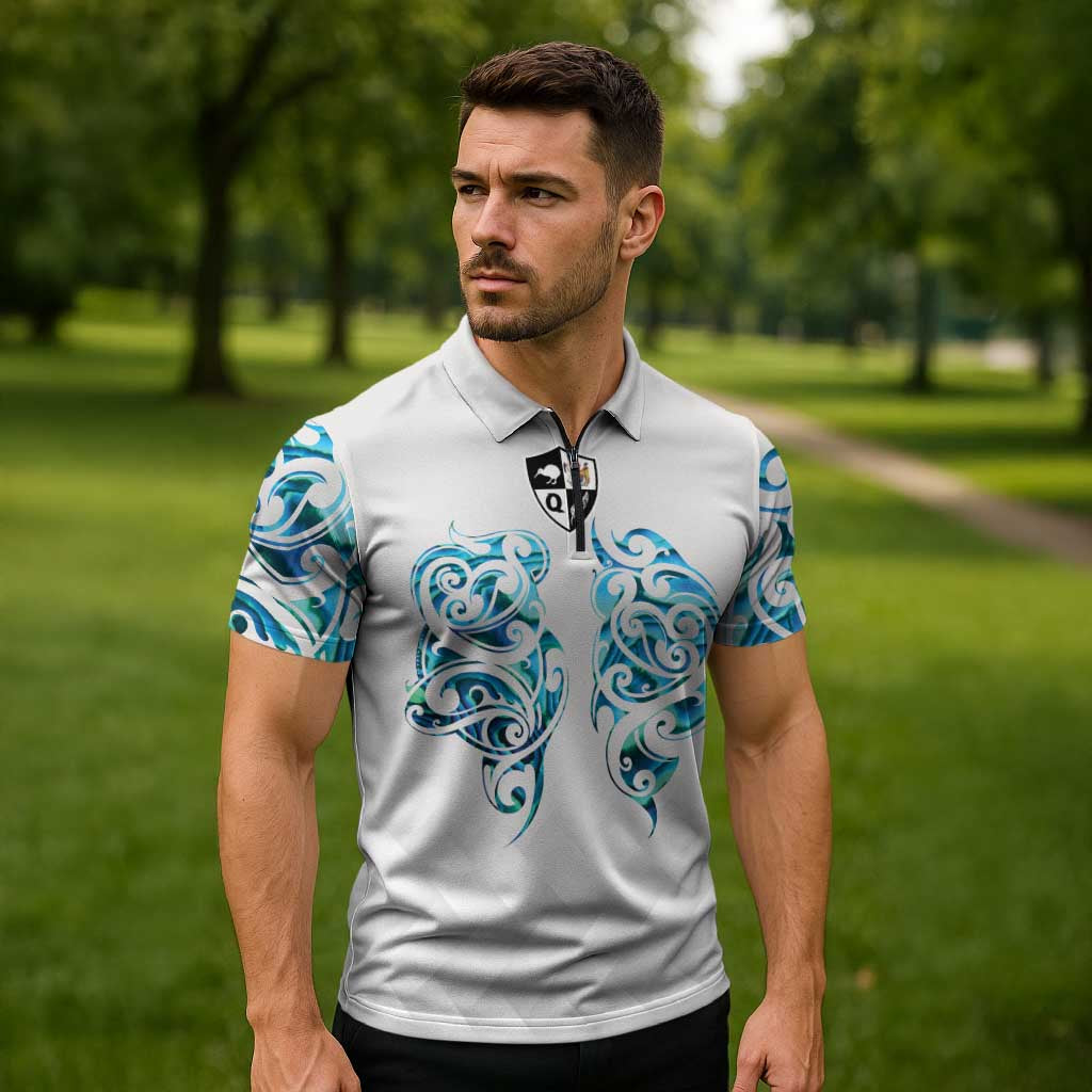 Queensland Maori Kiwi Personalised Zipper Polo Shirt Ma Kakariki Papua Shell Maori Tribal Tattoo - Aussie Hoodie