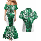 Queensland Maori Kiwi Personalised Couples Matching Mermaid Dress and Hawaiian Shirt Kikirangi Papua Shell Maori Tribal Tattoo