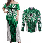 Queensland Maori Kiwi Personalised Couples Matching Off Shoulder Maxi Dress and Long Sleeve Button Shirt Kikirangi Papua Shell Maori Tribal Tattoo