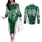 Queensland Maori Kiwi Personalised Couples Matching Off The Shoulder Long Sleeve Dress and Long Sleeve Button Shirt Kikirangi Papua Shell Maori Tribal Tattoo