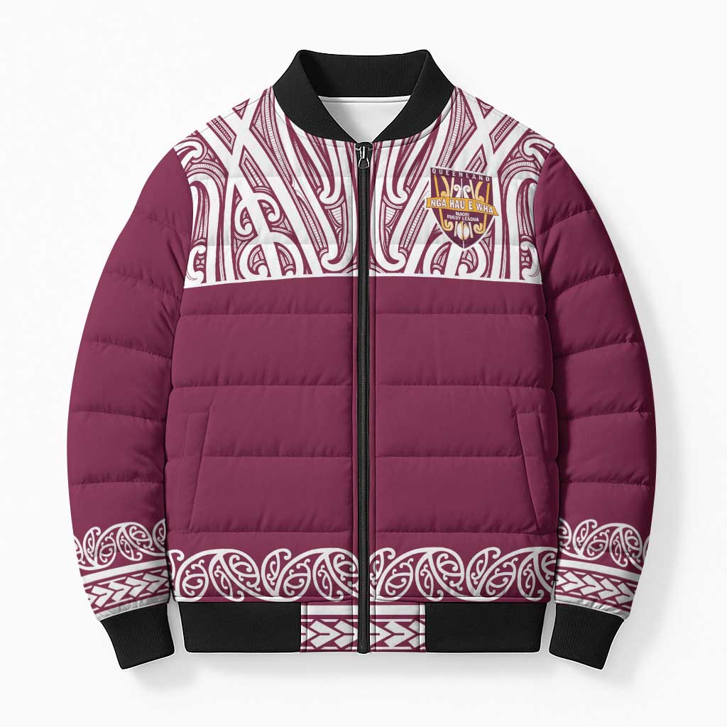 Queensland Maori Nga Hau E Wha Custom Bomber Puffer Jacket Polynesian Maori Tribal Pattern - Aussie Hoodie
