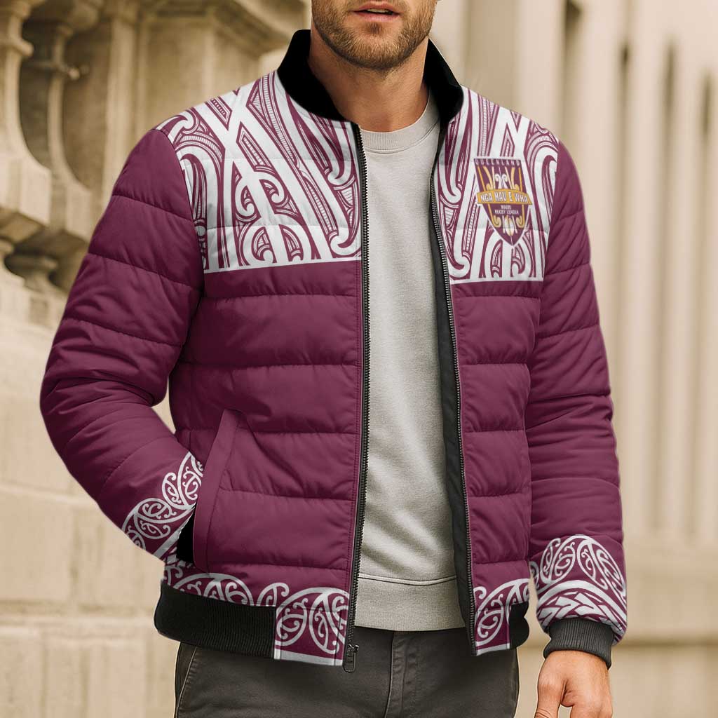 Queensland Maori Nga Hau E Wha Custom Bomber Puffer Jacket Polynesian Maori Tribal Pattern - Aussie Hoodie