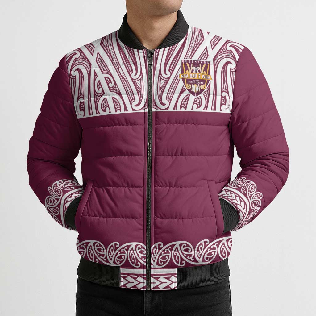 Queensland Maori Nga Hau E Wha Custom Bomber Puffer Jacket Polynesian Maori Tribal Pattern - Aussie Hoodie
