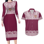 Queensland Maori Nga Hau E Wha Custom Couples Matching Long Sleeve Bodycon Dress and Hawaiian Shirt Polynesian Maori Tribal Pattern