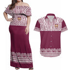 Queensland Maori Nga Hau E Wha Custom Couples Matching Off Shoulder Maxi Dress and Hawaiian Shirt Polynesian Maori Tribal Pattern