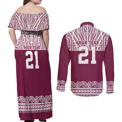 Queensland Maori Nga Hau E Wha Custom Couples Matching Off Shoulder Maxi Dress and Long Sleeve Button Shirt Polynesian Maori Tribal Pattern