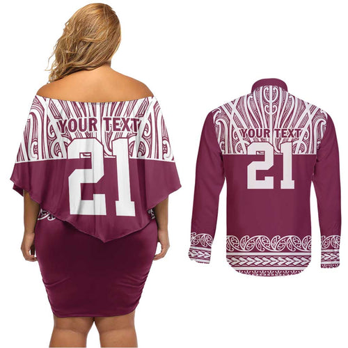 Queensland Maori Nga Hau E Wha Custom Couples Matching Off Shoulder Short Dress and Long Sleeve Button Shirt Polynesian Maori Tribal Pattern