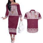 Queensland Maori Nga Hau E Wha Custom Couples Matching Off The Shoulder Long Sleeve Dress and Hawaiian Shirt Polynesian Maori Tribal Pattern