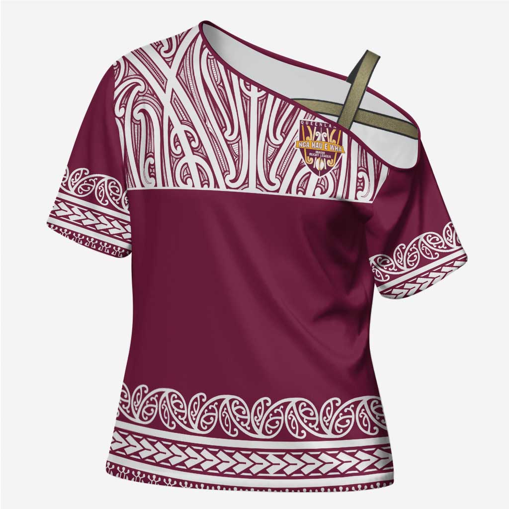 Queensland Maori Nga Hau E Wha Custom Cross Shoulder Shirt Polynesian Maori Tribal Pattern - Aussie Hoodie