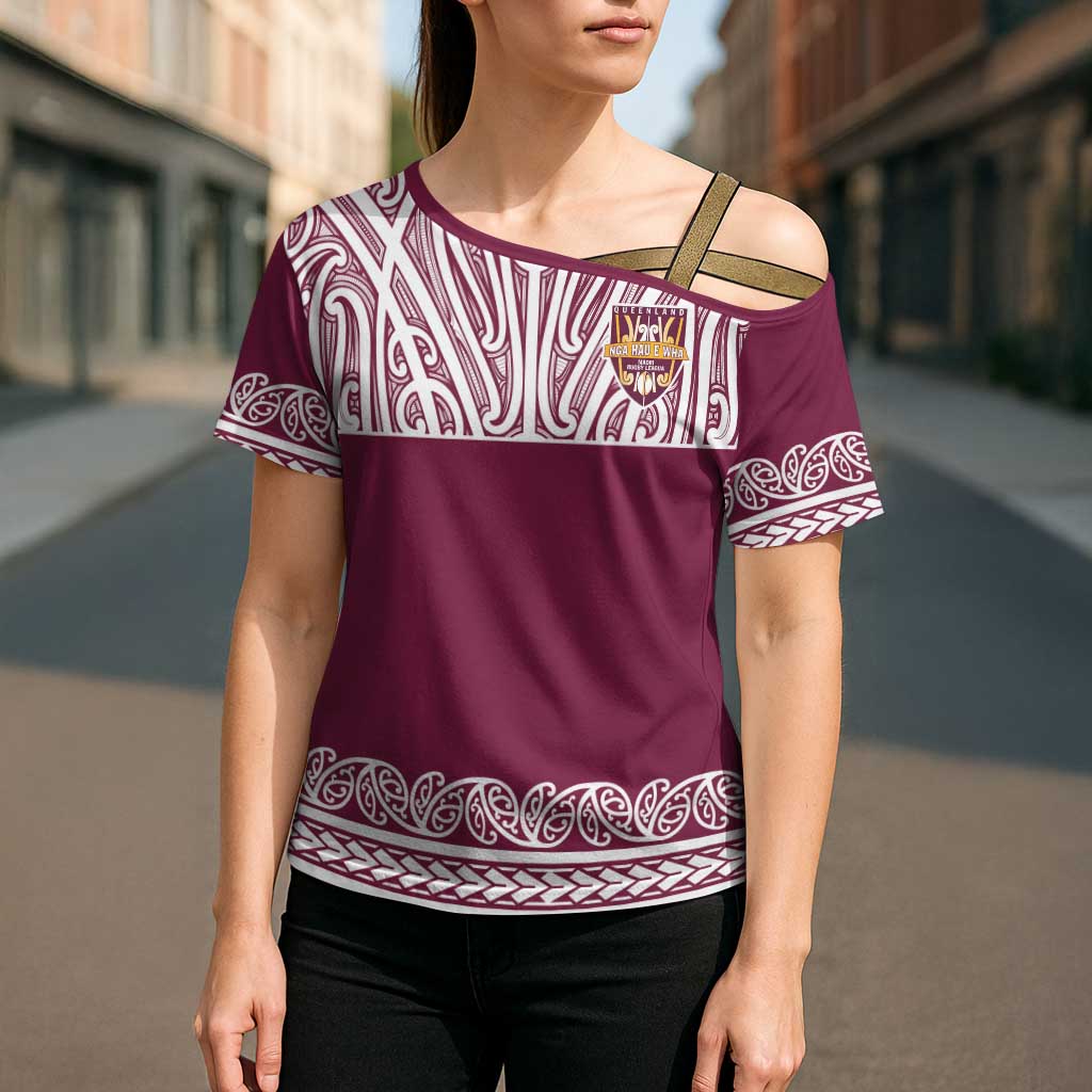 Queensland Maori Nga Hau E Wha Custom Cross Shoulder Shirt Polynesian Maori Tribal Pattern - Aussie Hoodie