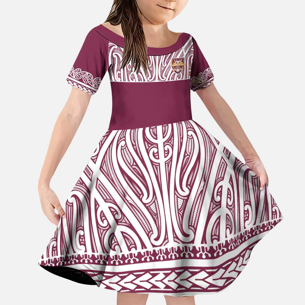 Queensland Maori Nga Hau E Wha Custom Kid Short Sleeve Dress Polynesian Maori Tribal Pattern