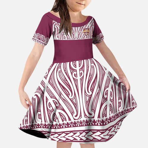 Queensland Maori Nga Hau E Wha Custom Kid Short Sleeve Dress Polynesian Maori Tribal Pattern