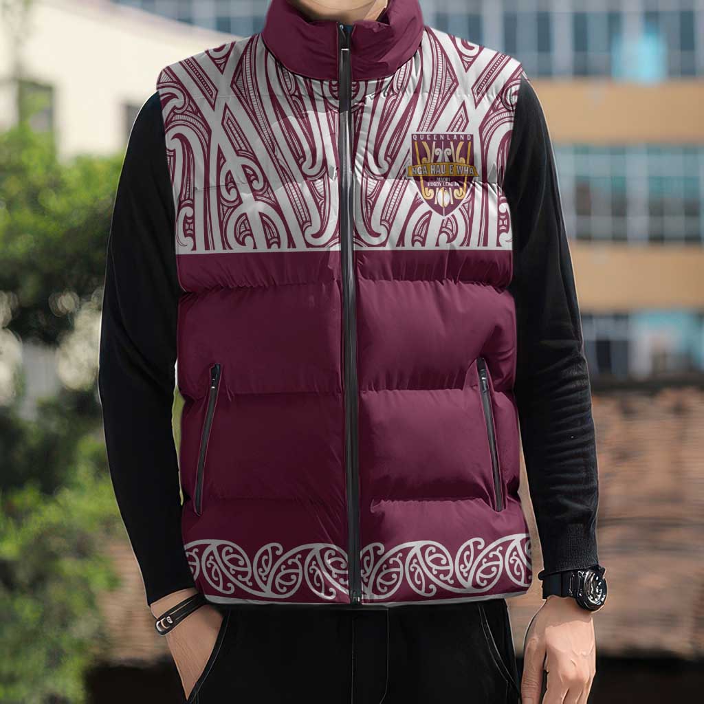 Queensland Maori Nga Hau E Wha Custom Sleeveless Puffer Jacket Polynesian Maori Tribal Pattern - Aussie Hoodie