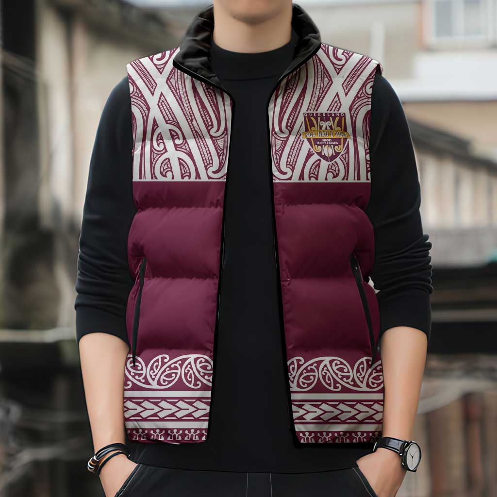 Queensland Maori Nga Hau E Wha Custom Sleeveless Puffer Jacket Polynesian Maori Tribal Pattern - Aussie Hoodie