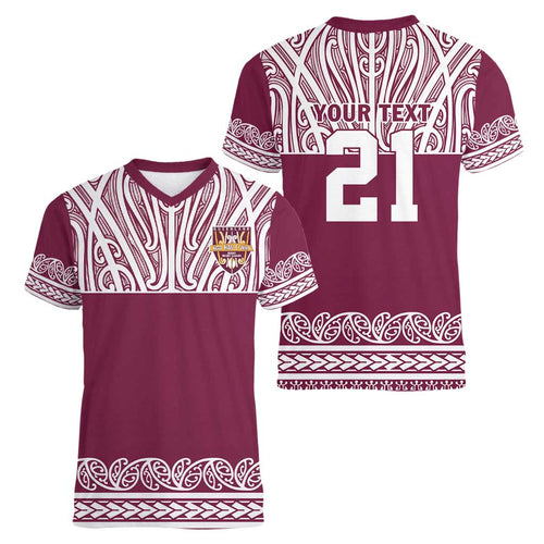 Queensland Maori Nga Hau E Wha Custom Women V-Neck T-Shirt Polynesian Maori Tribal Pattern