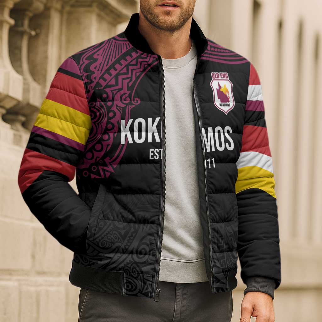 Queensland Papua New Guinea Custom Bomber Puffer Jacket All Black Pacific PNG Tribal Style - Aussie Hoodie