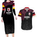 Queensland Papua New Guinea Custom Couples Matching Long Sleeve Bodycon Dress and Hawaiian Shirt All Black Pacific PNG Tribal Style