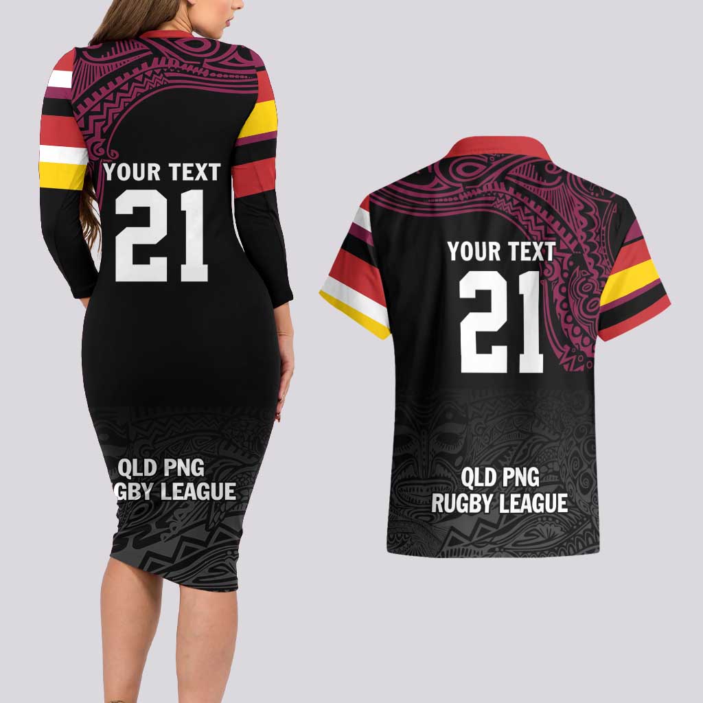 Queensland Papua New Guinea Custom Couples Matching Long Sleeve Bodycon Dress and Hawaiian Shirt All Black Pacific PNG Tribal Style