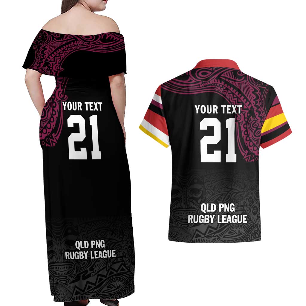 Queensland Papua New Guinea Custom Couples Matching Off Shoulder Maxi Dress and Hawaiian Shirt All Black Pacific PNG Tribal Style